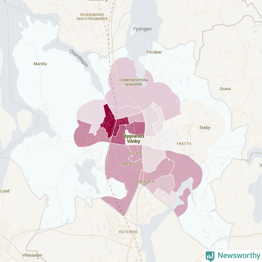 Karta som visar antalet cykelstölder i olika delar av Upplands Väsby kommun, även i tabell nedan