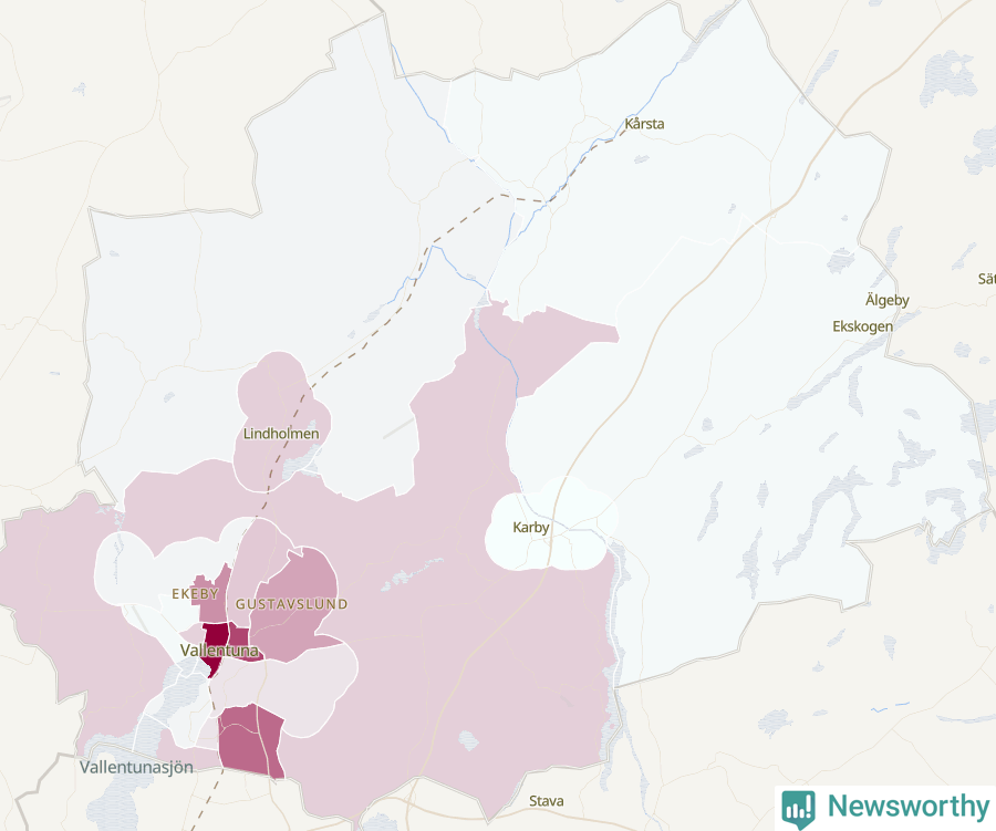 Karta som visar antalet cykelstölder i olika delar av Vallentuna kommun, även i tabell nedan