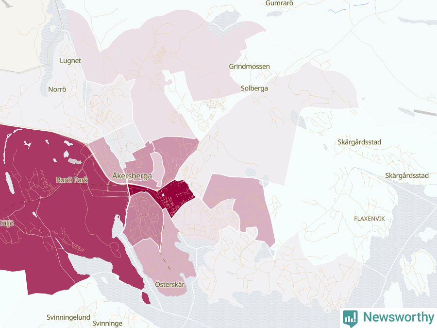 Karta som visar antalet cykelstölder i olika delar av Åkersberga, se tabell ovan
