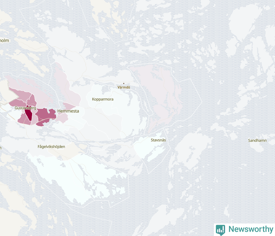 Karta som visar antalet cykelstölder i olika delar av Värmdö kommun, även i tabell nedan