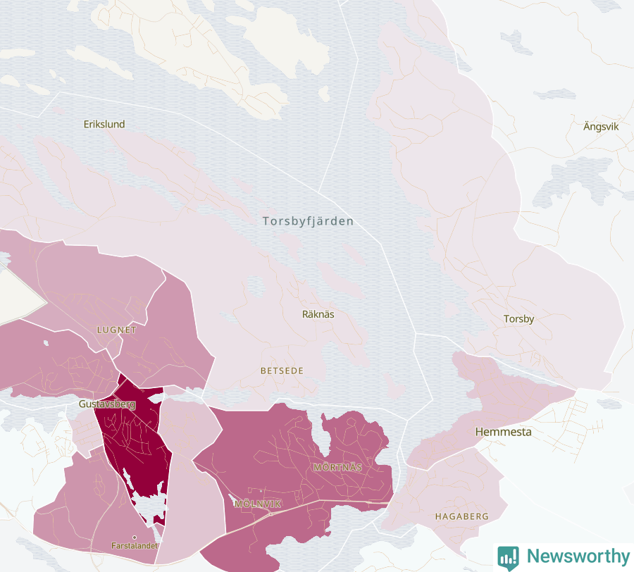 Karta som visar antalet cykelstölder i olika delar av Gustavsberg, se tabell ovan