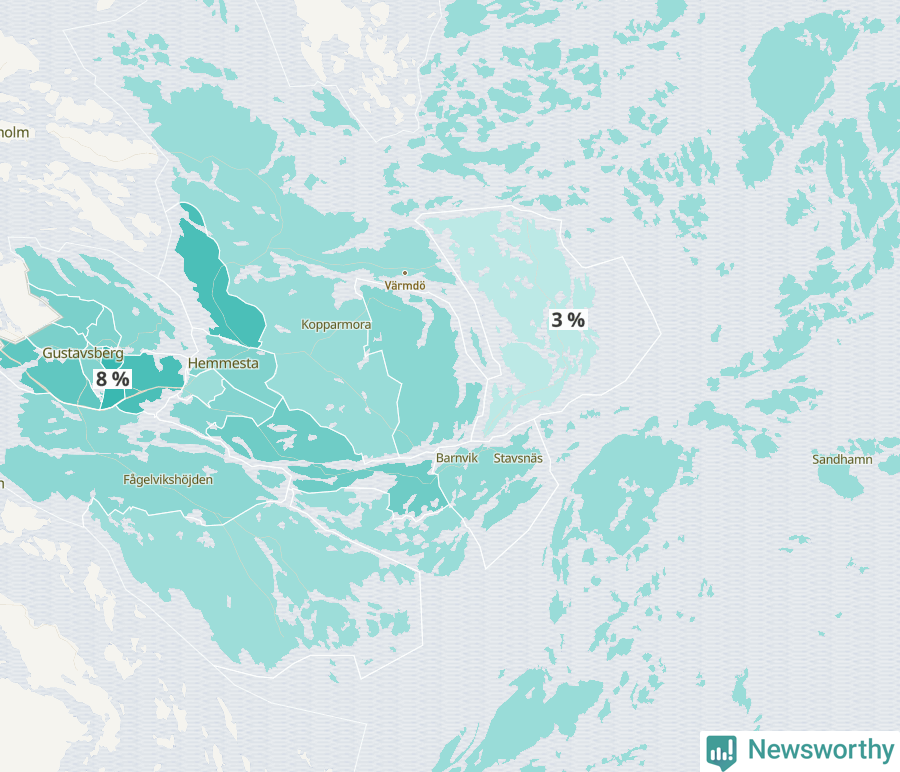 Karta över andel av befolkningensom är mellan 0 och 4 år per område i Värmdö 2024.
