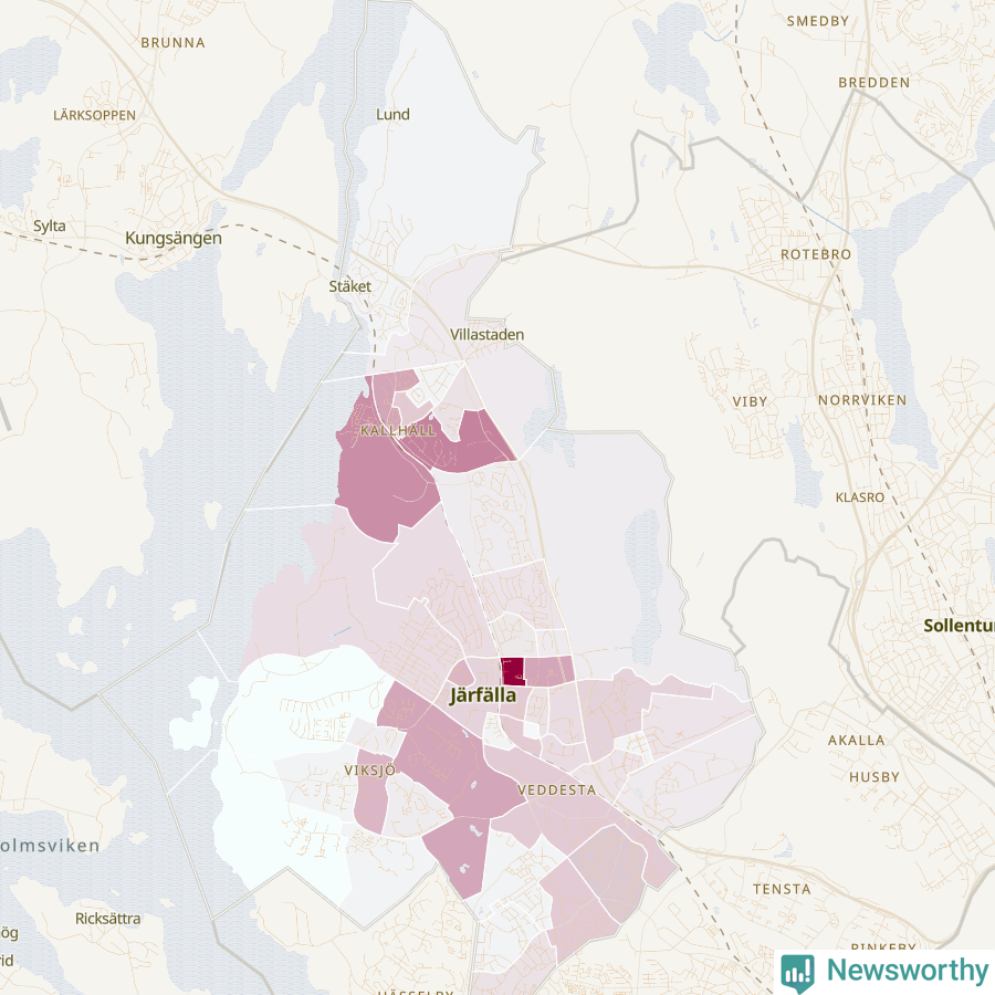 Karta som visar antalet cykelstölder i olika delar av Järfälla kommun, även i tabell nedan