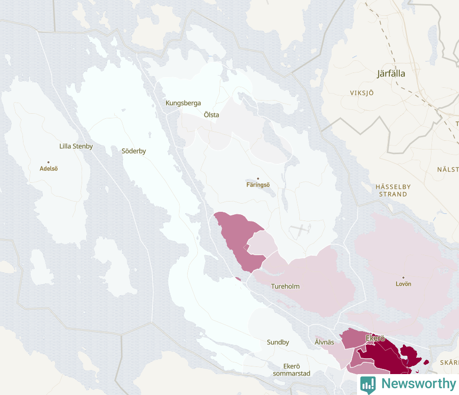 Karta som visar antalet cykelstölder i olika delar av Ekerö kommun, även i tabell nedan
