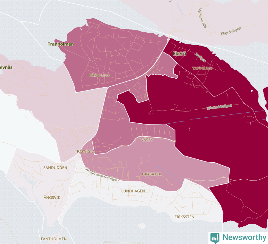 Karta som visar antalet cykelstölder i olika delar av Ekerö, se tabell ovan
