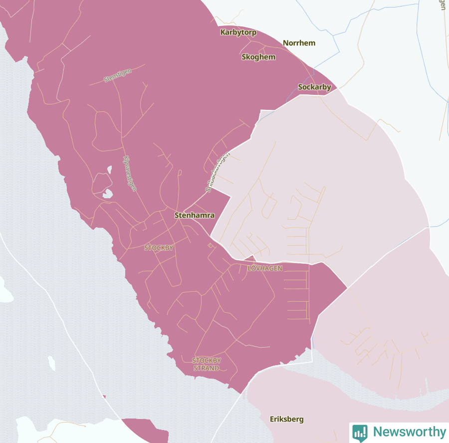 Karta som visar antalet cykelstölder i olika delar av Stenhamra, se tabell ovan