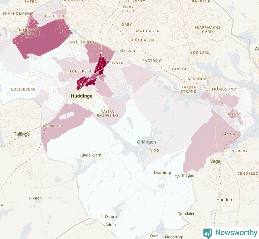 Karta som visar antalet cykelstölder i olika delar av Huddinge kommun, även i tabell nedan