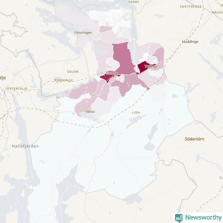 Karta som visar antalet cykelstölder i olika delar av Botkyrka kommun, även i tabell nedan