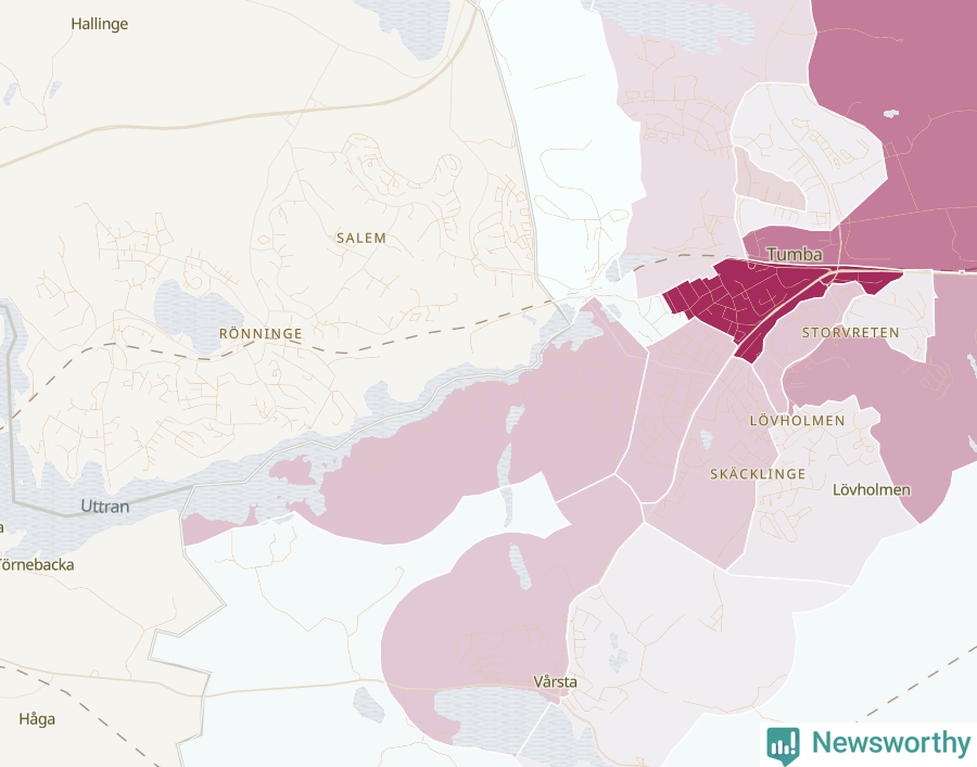 Karta som visar antalet cykelstölder i olika delar av Tumba, se tabell ovan