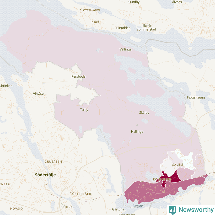 Karta som visar antalet cykelstölder i olika delar av Salems kommun, även i tabell nedan