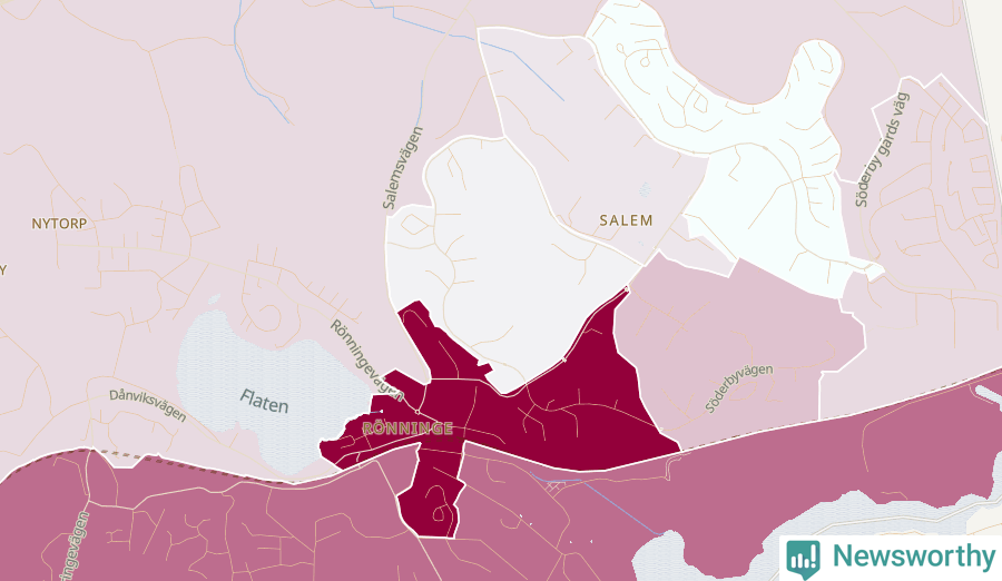 Karta som visar antalet cykelstölder i olika delar av Salem och Rönninge, se tabell ovan
