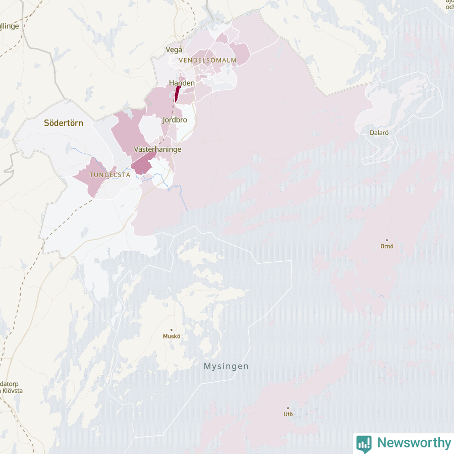 Karta som visar antalet cykelstölder i olika delar av Haninge kommun, även i tabell nedan
