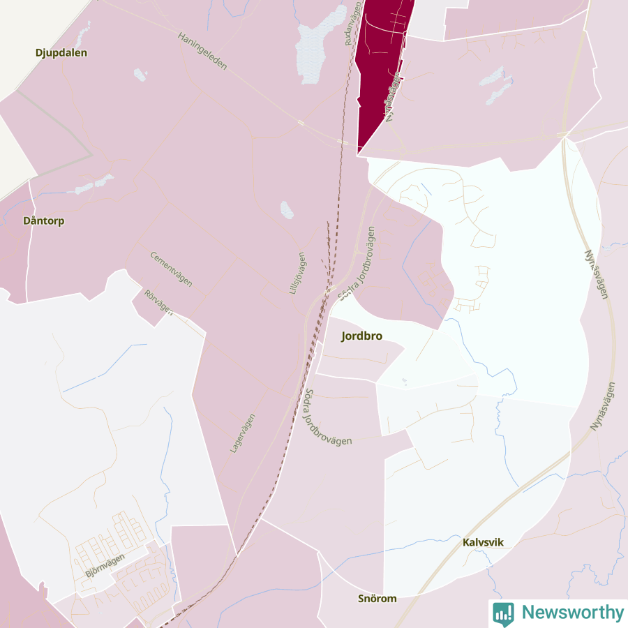 Karta som visar antalet cykelstölder i olika delar av Jordbro, se tabell ovan