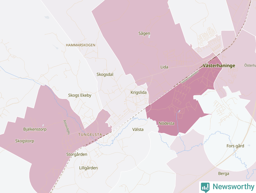 Karta som visar antalet cykelstölder i olika delar av Västerhaninge, se tabell ovan