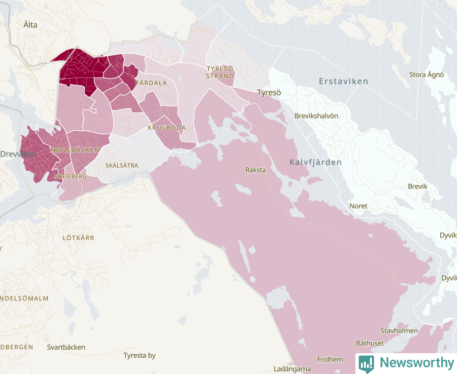 Karta som visar antalet cykelstölder i olika delar av Tyresö kommun, även i tabell nedan