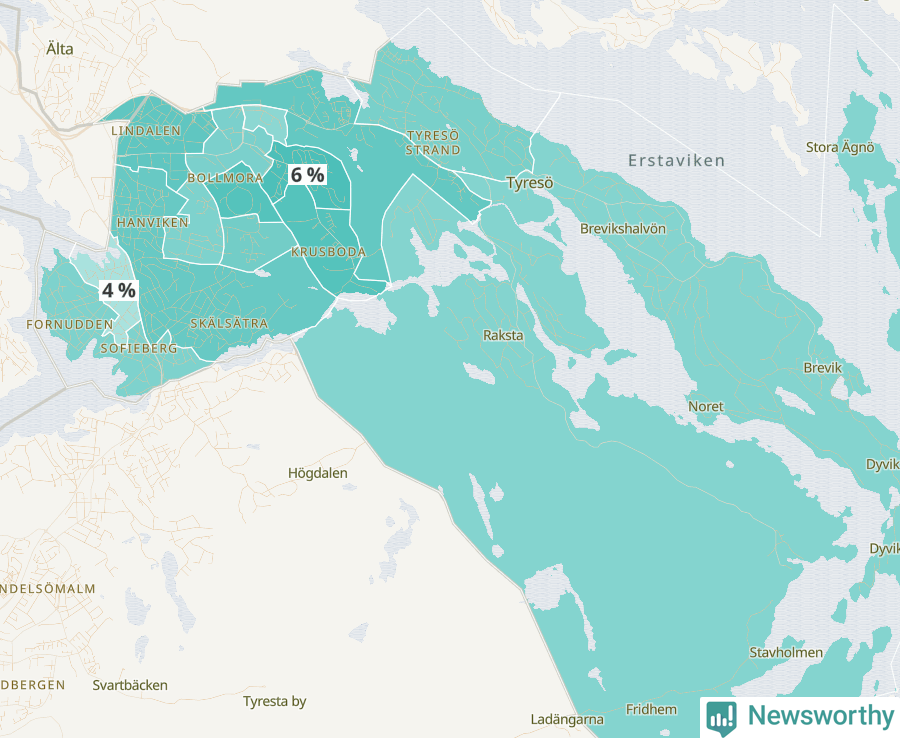 Karta över andel av befolkningensom är mellan 0 och 4 år per område i Tyresö 2024.