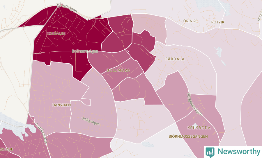 Karta som visar antalet cykelstölder i olika delar av Tyresö centrum, se tabell ovan
