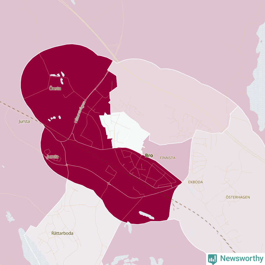 Karta som visar antalet cykelstölder i olika delar av Bro, se tabell ovan