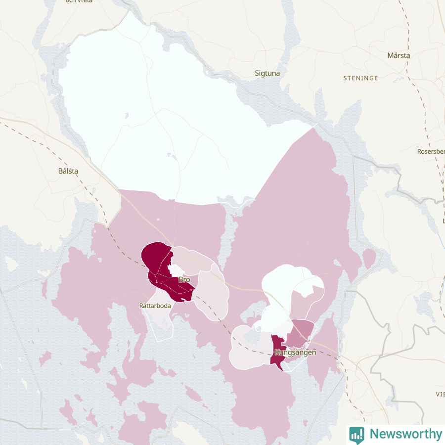 Karta som visar antalet cykelstölder i olika delar av Upplands-Bro kommun, även i tabell nedan