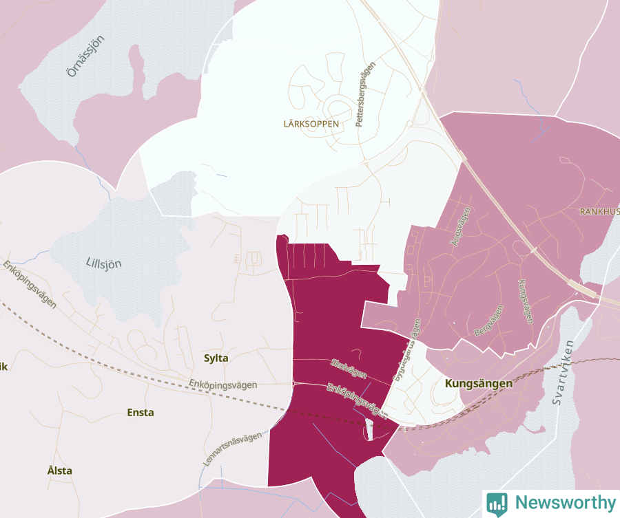 Karta som visar antalet cykelstölder i olika delar av Kungsängen, se tabell ovan
