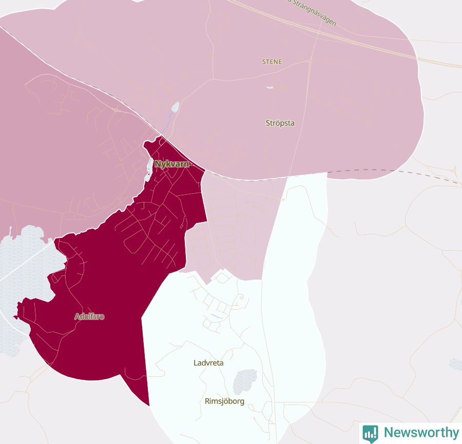 Karta som visar antalet cykelstölder i olika delar av Nykvarn, se tabell ovan