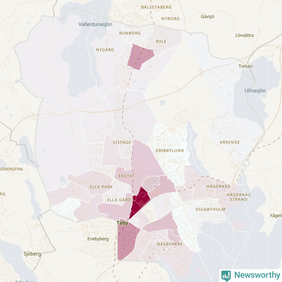 Karta som visar antalet cykelstölder i olika delar av Täby kommun, även i tabell nedan