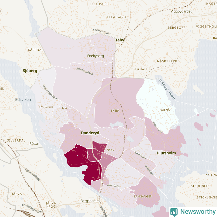 Karta som visar antalet cykelstölder i olika delar av Danderyds kommun, även i tabell nedan
