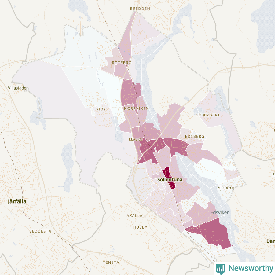 Karta som visar antalet cykelstölder i olika delar av Sollentuna kommun, även i tabell nedan
