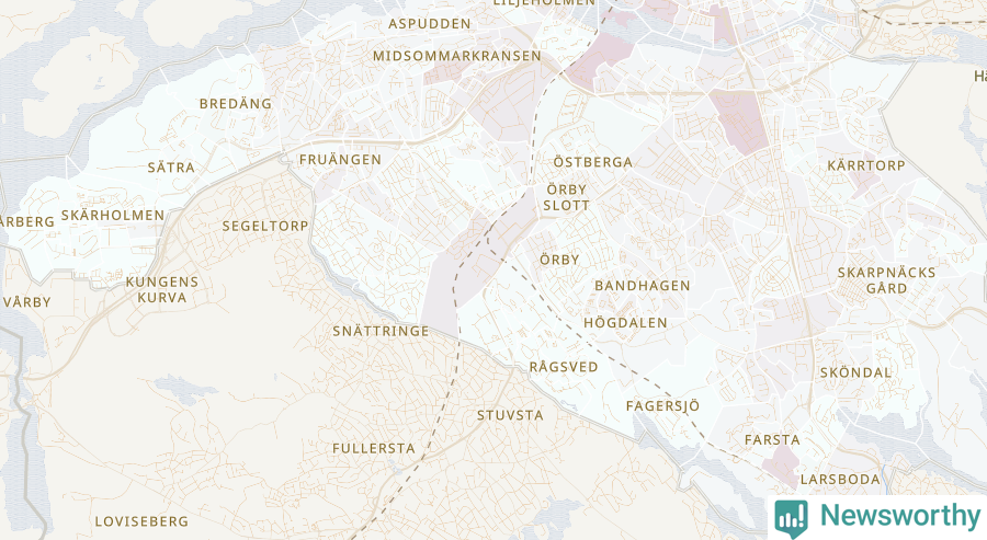 Karta som visar antalet cykelstölder i olika delar av Söderort, se tabell ovan