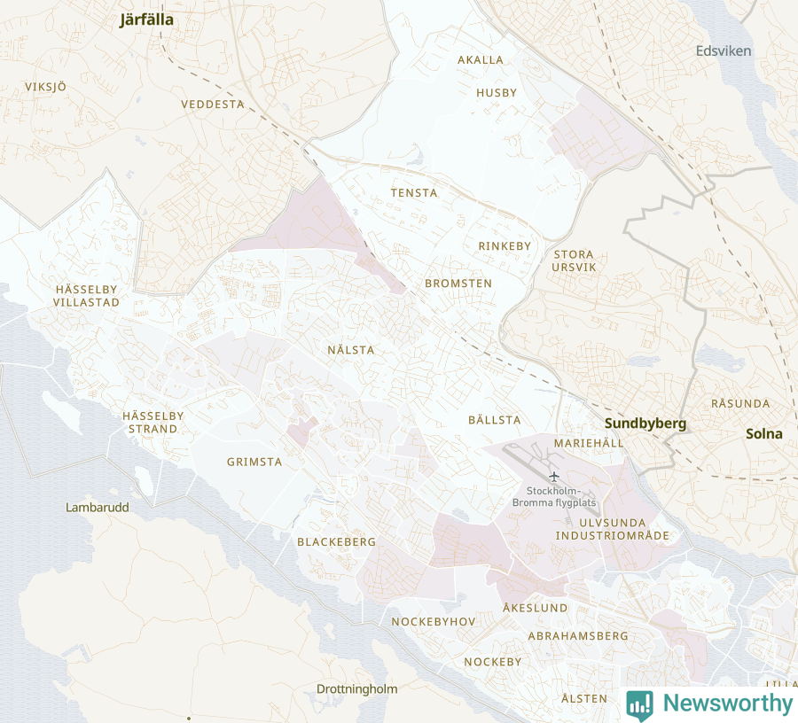 Karta som visar antalet cykelstölder i olika delar av Västerort, se tabell ovan