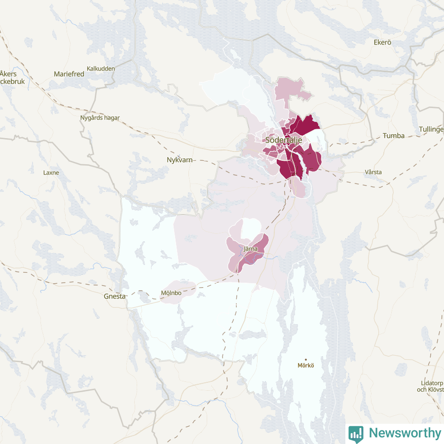 Karta som visar antalet cykelstölder i olika delar av Södertälje kommun, även i tabell nedan