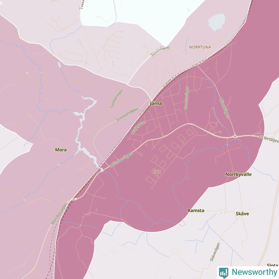 Karta som visar antalet cykelstölder i olika delar av Järna, se tabell ovan