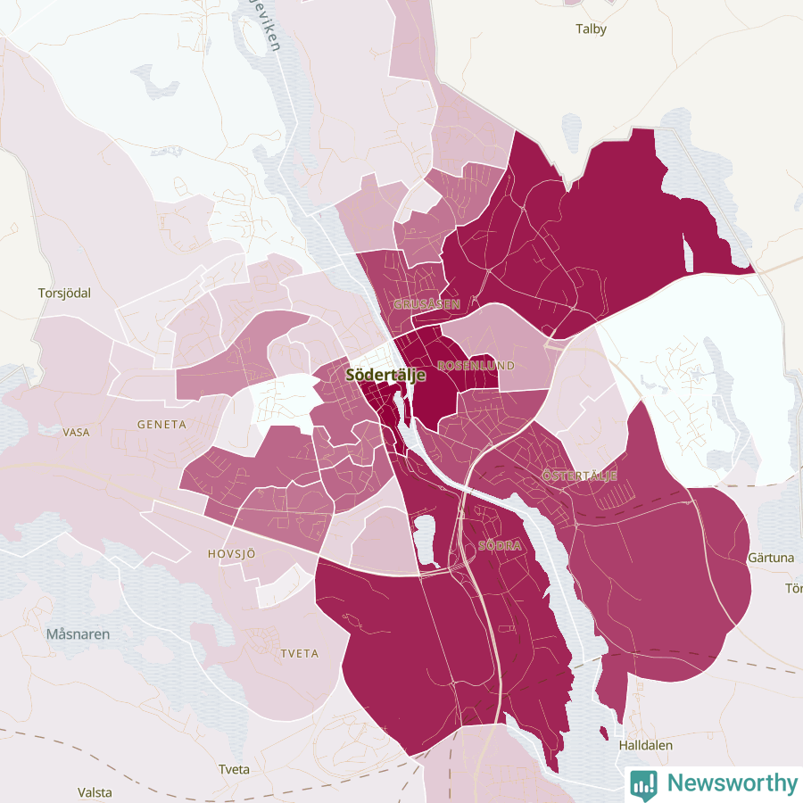 Karta som visar antalet cykelstölder i olika delar av Södertälje, se tabell ovan