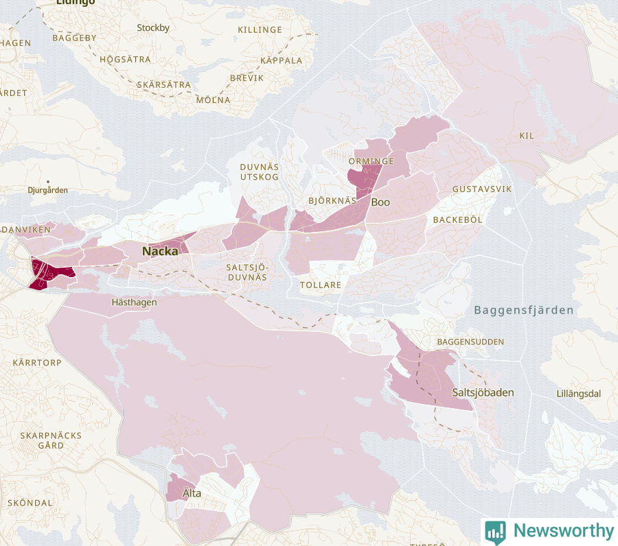 Karta som visar antalet cykelstölder i olika delar av Nacka kommun, även i tabell nedan