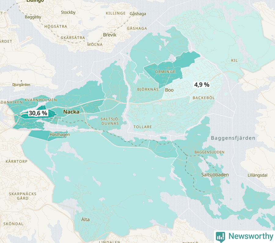 Karta över andel av befolkningen är ensamstående utan barn per område i Nacka 2023.