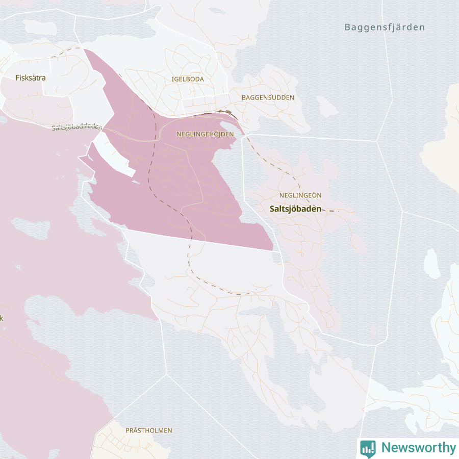 Karta som visar antalet cykelstölder i olika delar av Saltsjöbaden, se tabell ovan