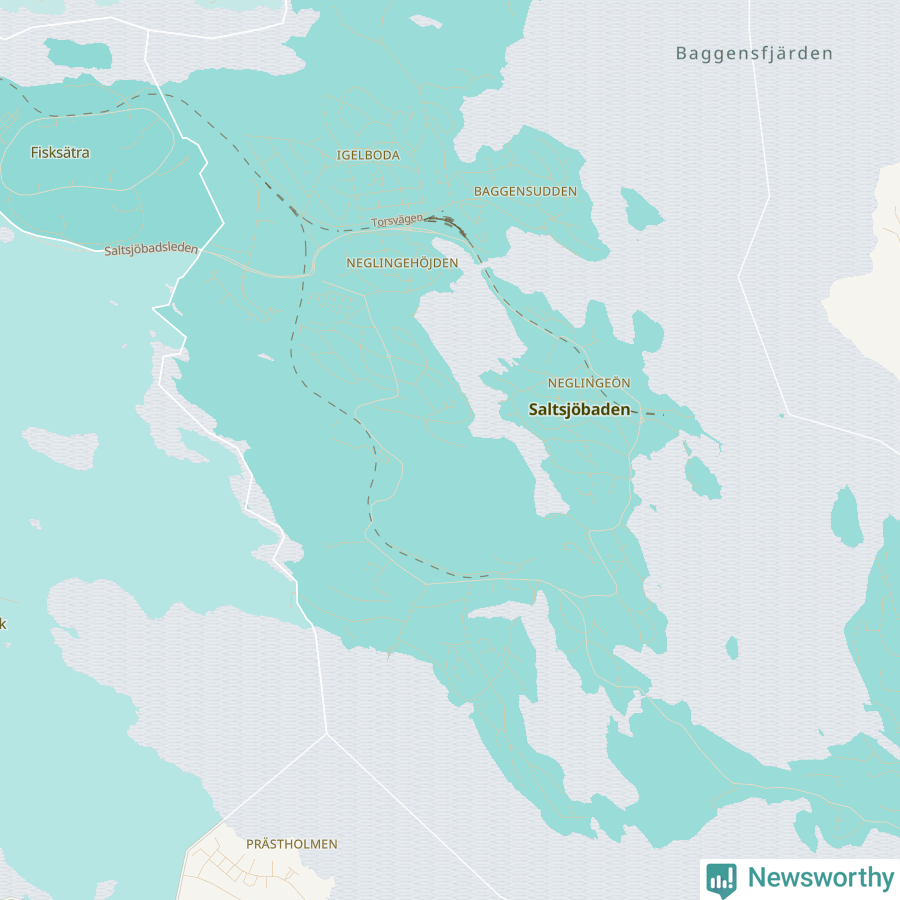 Karta över andel av befolkningen är ensamstående utan barn per område i Saltsjöbaden 2023.
