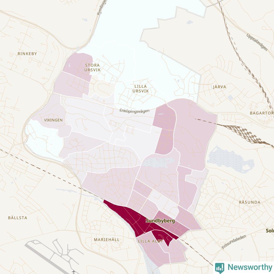 Karta som visar antalet cykelstölder i olika delar av Sundbybergs kommun, även i tabell nedan