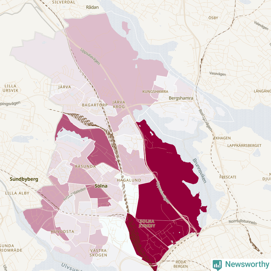 Karta som visar antalet cykelstölder i olika delar av Solna kommun, även i tabell nedan