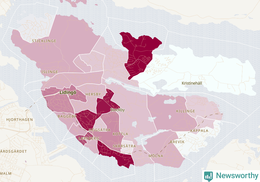 Karta som visar antalet cykelstölder i olika delar av Lidingö kommun, även i tabell nedan