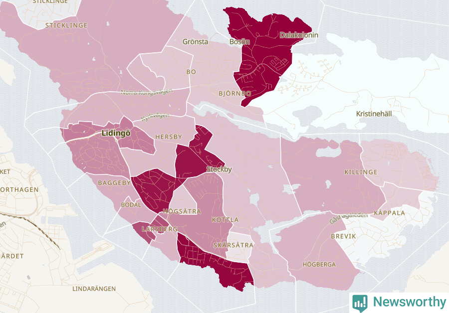 Karta som visar antalet cykelstölder i olika delar av Lidingö, se tabell ovan