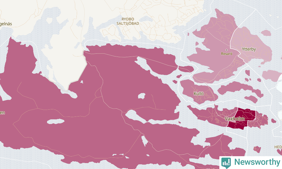 Karta som visar antalet cykelstölder i olika delar av Vaxholms kommun, även i tabell nedan
