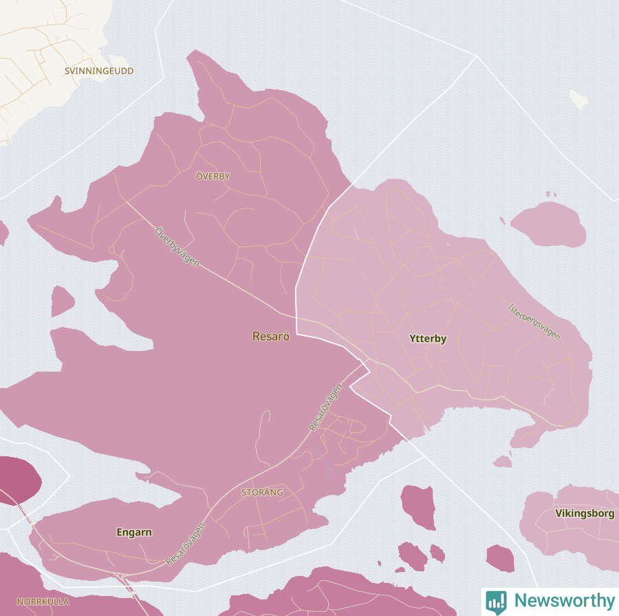 Karta som visar antalet cykelstölder i olika delar av Resarö, se tabell ovan