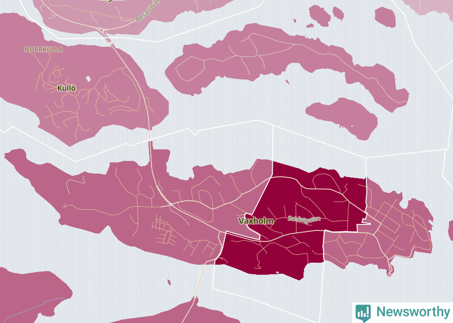 Karta som visar antalet cykelstölder i olika delar av Vaxholm, se tabell ovan
