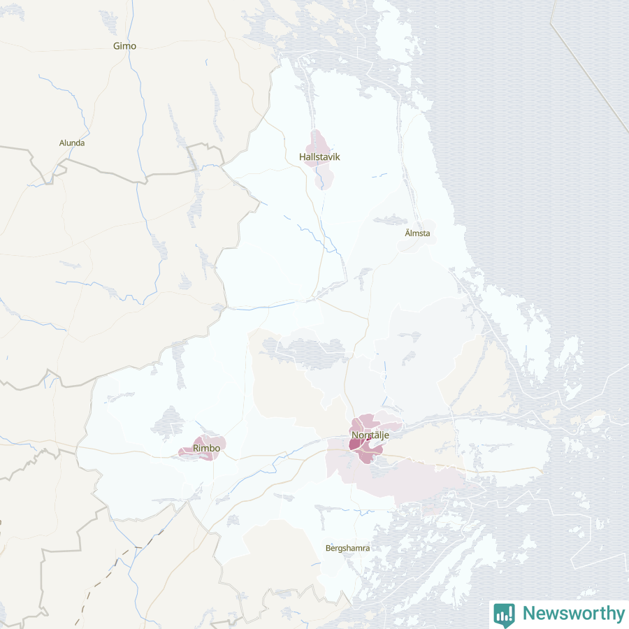 Karta som visar antalet cykelstölder i olika delar av Norrtälje kommun, även i tabell nedan