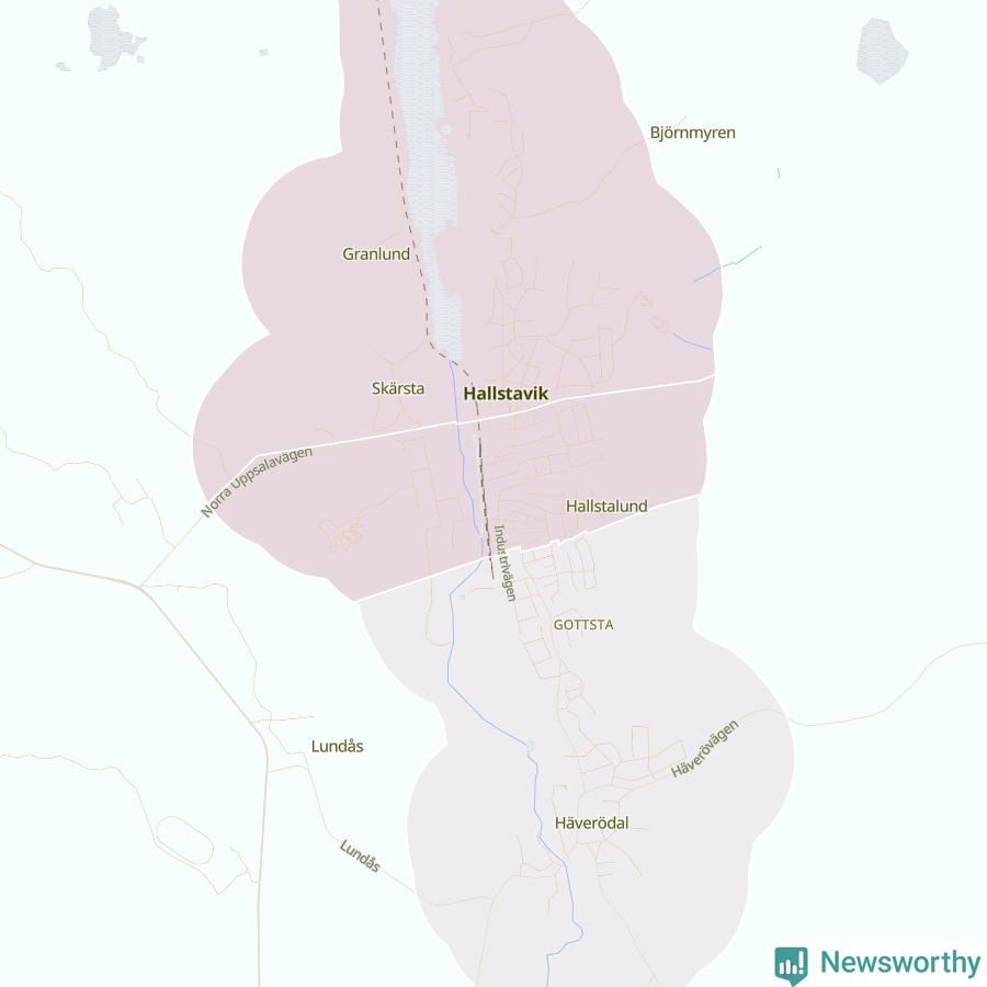 Karta som visar antalet cykelstölder i olika delar av Hallstavik, se tabell ovan