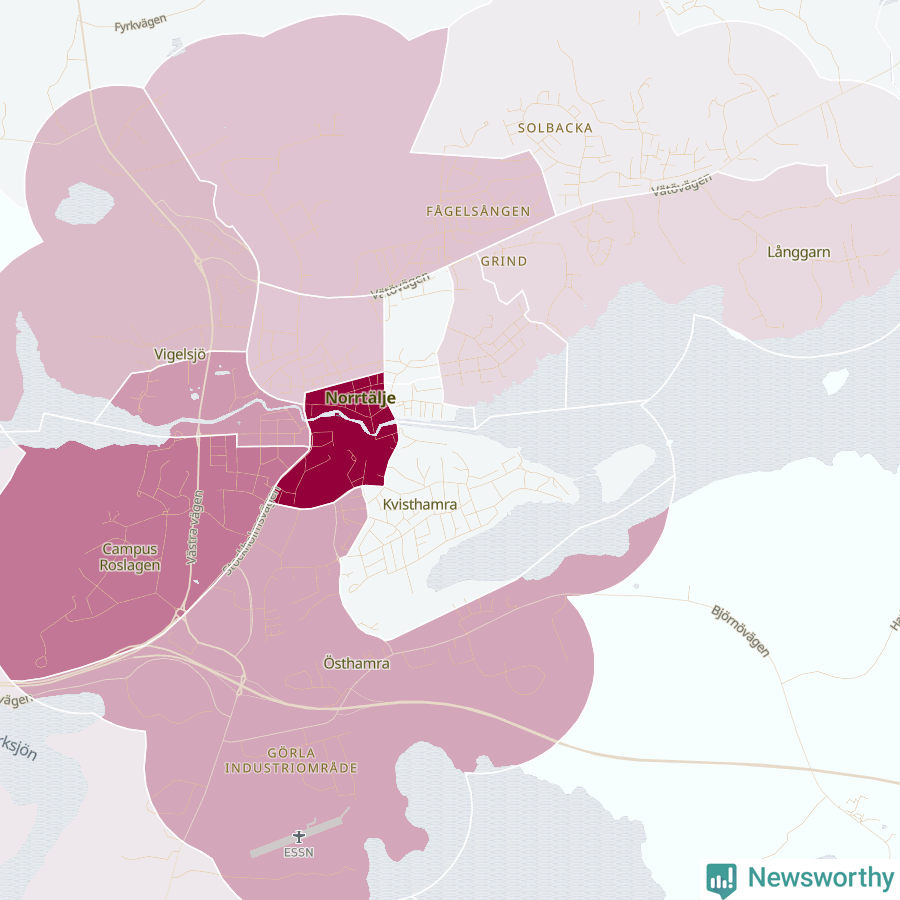 Karta som visar antalet cykelstölder i olika delar av Norrtälje, se tabell ovan