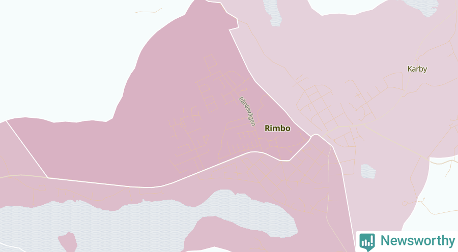 Karta som visar antalet cykelstölder i olika delar av Rimbo, se tabell ovan