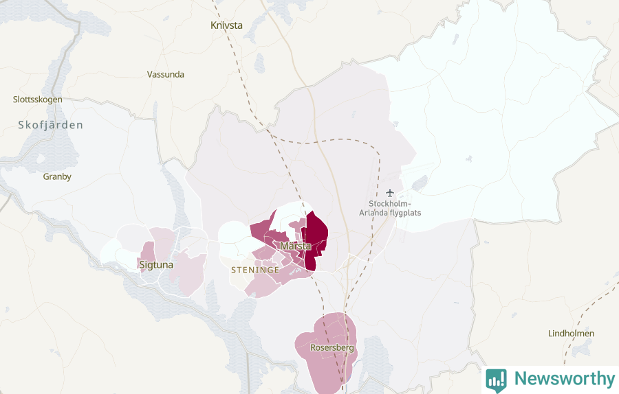 Karta som visar antalet cykelstölder i olika delar av Sigtuna kommun, även i tabell nedan