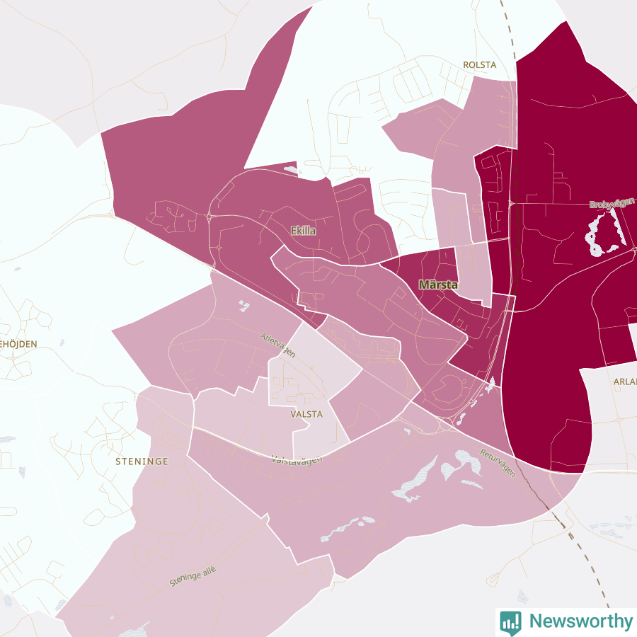 Karta som visar antalet cykelstölder i olika delar av Märsta, se tabell ovan